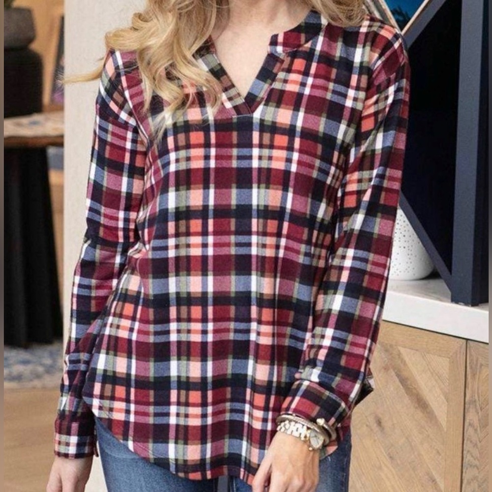 Grace & Lace Plaid Flannel Stretch Cozy Top Size M NWT